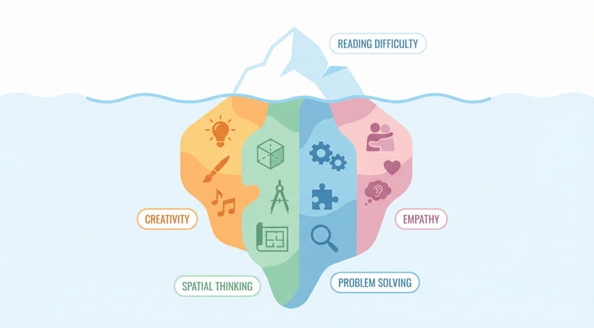 Dislekside buzdağı metaforu, görünen okuma güçlüğü ve görünmeyen güçlü yönler