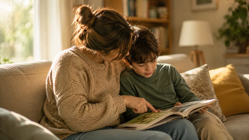 Evde çocuğuyla birlikte kitap okuyan ve okuduğunu anlamasına destek olan anne