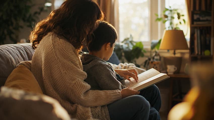 Çocuğuna sabırla okuma desteği veren bir ebeveyn