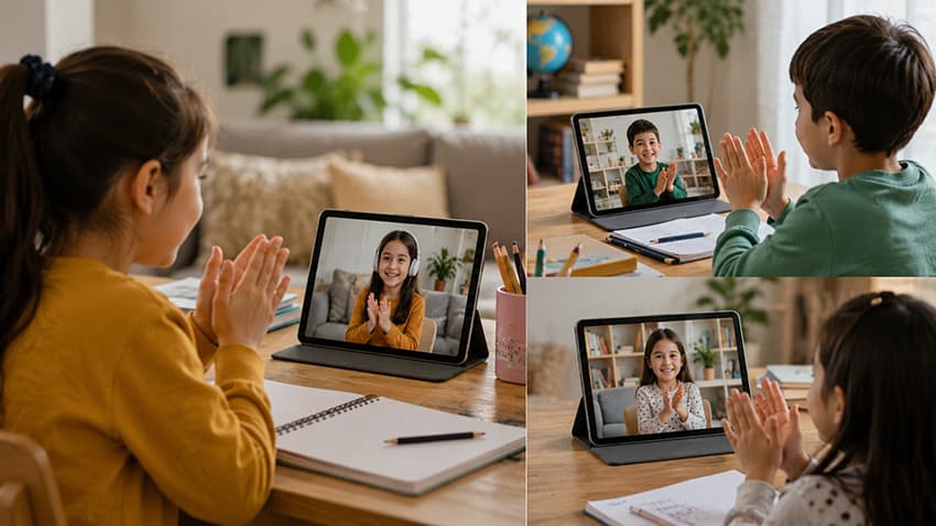 Online okuma dersinde birbirini destekleyen çocukların akran etkileşimiyle yaşadığı mutluluk