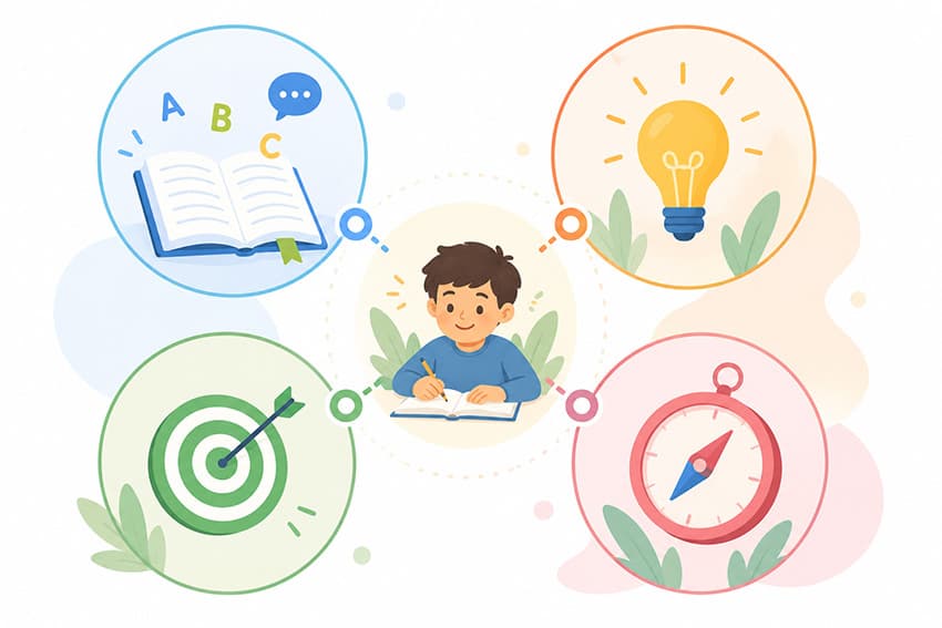Akademik destek programının kapsadığı okuma, öğrenme becerileri, dikkat ve öğrenme koçluğu alanlarını gösteren infografik