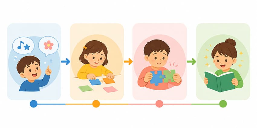Yaşa göre hece birleştirme becerisinin gelişim basamaklarını gösteren infografik