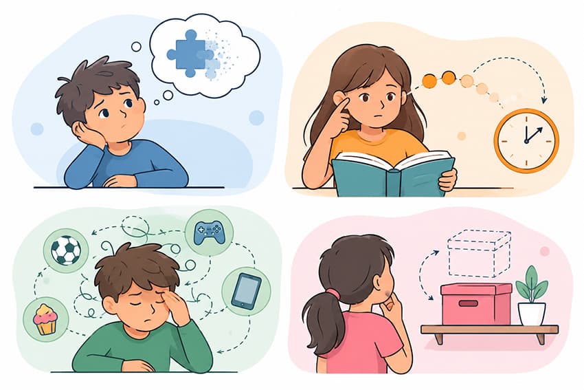 Yönerge, kelime, işlem adımı ve konu unutmanın farklı kaynaklarını gösteren infografik