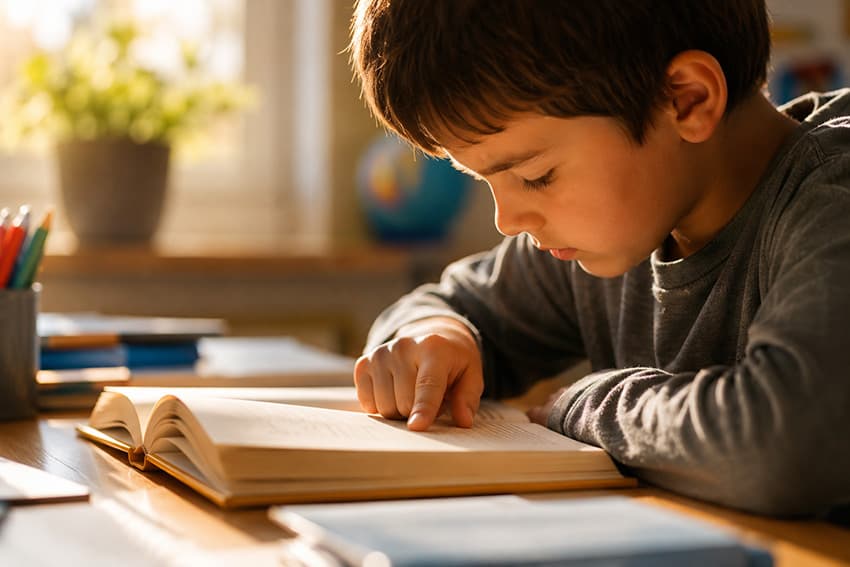 Kitap okurken parmağıyla satırı takip eden ve zorlanan ilkokul öğrencisi