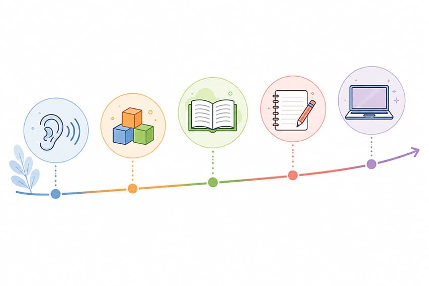 Disleksi belirtilerinin okul öncesinden liseye kadar nasıl değiştiğini gösteren infografik