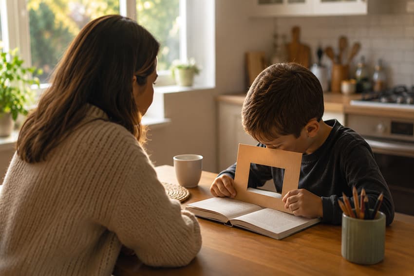 Anne ve çocuk evde pencere kartı ile satır takibi çalışması yapıyor