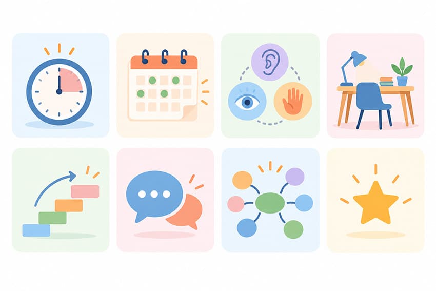 Öğrenme güçlüğü olan çocuk için sekiz temel ders çalışma ilkesini gösteren infografik