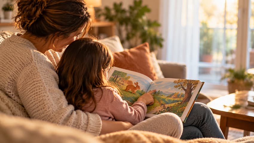 Anne ve çocuğun koltukta sırayla kitap okuduğu sakin bir okuma saati