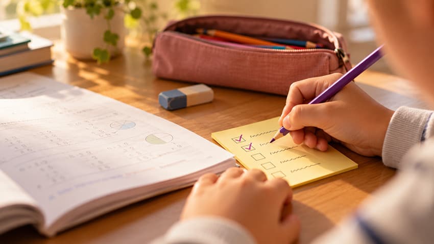 Ödevi küçük adımlara bölen kontrol listesini işaretleyen çocuğun eli